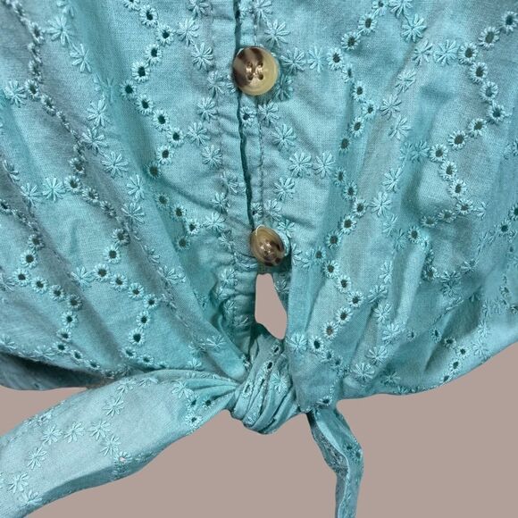 NWT Front Tie Eyelet Button Down Teal Top - Picture 3 of 12